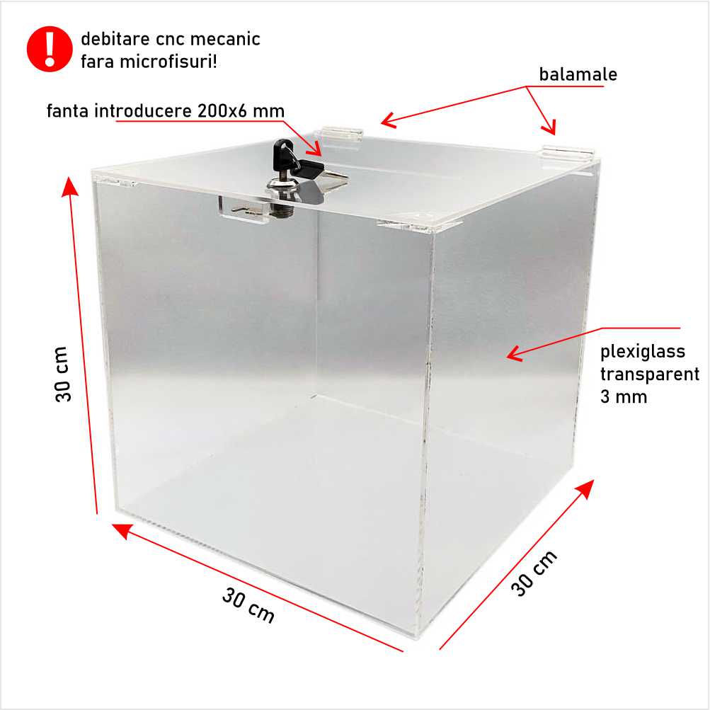 Urnă donatii clasică 30 x 30 x 30 cm model UC303030-3 (plexiglass 3 mm)