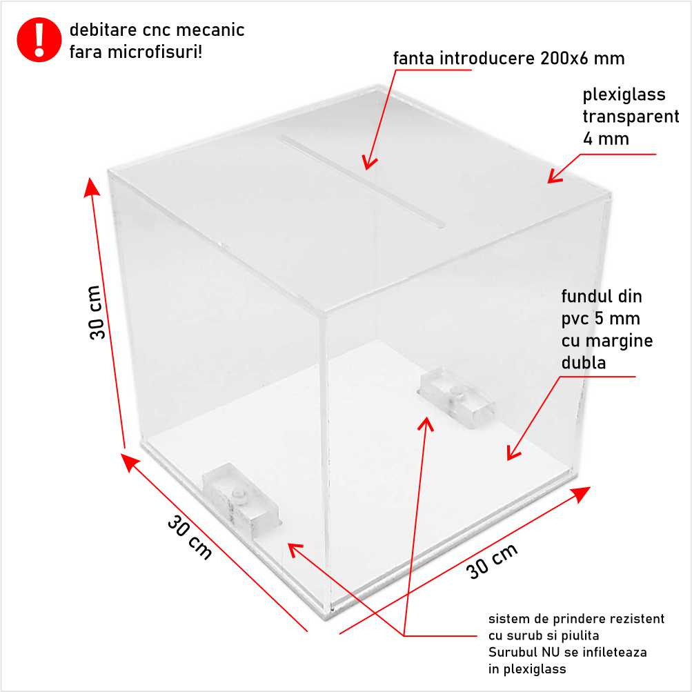 Urna cutie donații 30 x 30 x 30 cm 4 mm model UI303030-4
