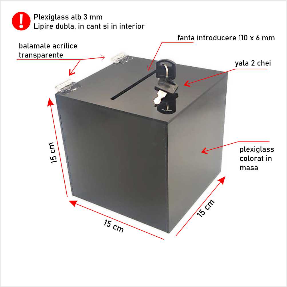Urna cutie donații neagră 15 x 15 x 15 cm model UPCK151515