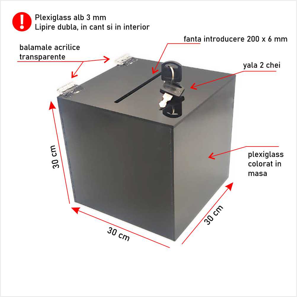 Urna cutie donatii neagră 30 x 30 x 30 cm model UPCK303030