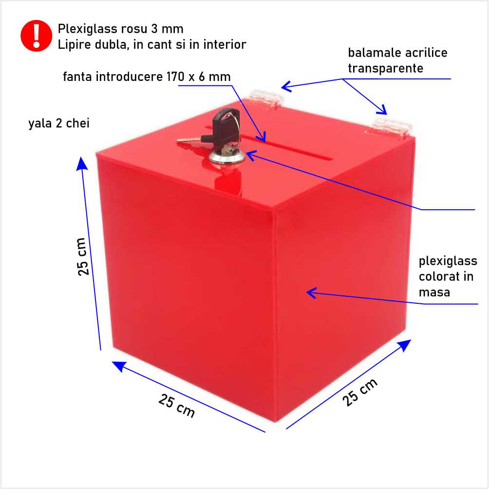 Urna cutie donatii roșie 25 x 25 x 25 cm model UPCR252525
