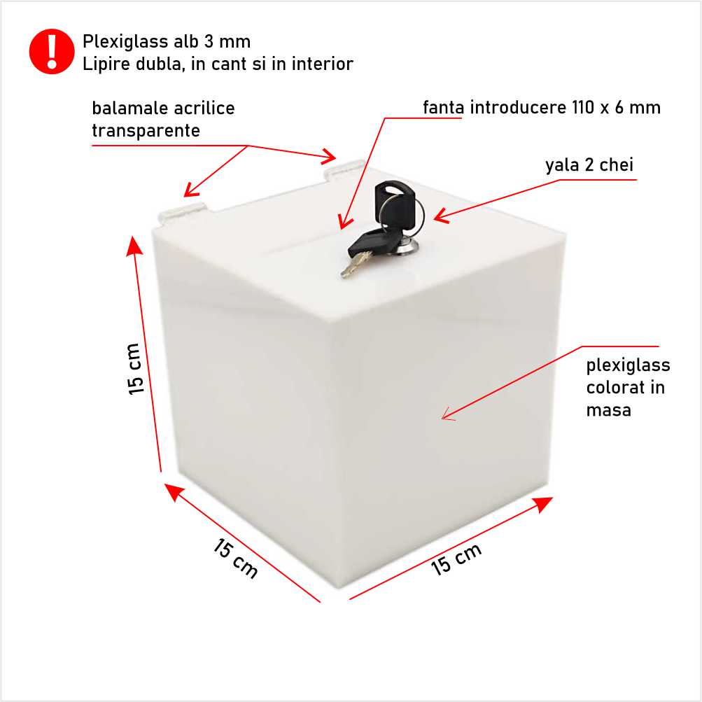 Urna cutie donații albă 15 x 15 x 15 cm model UPCW151515