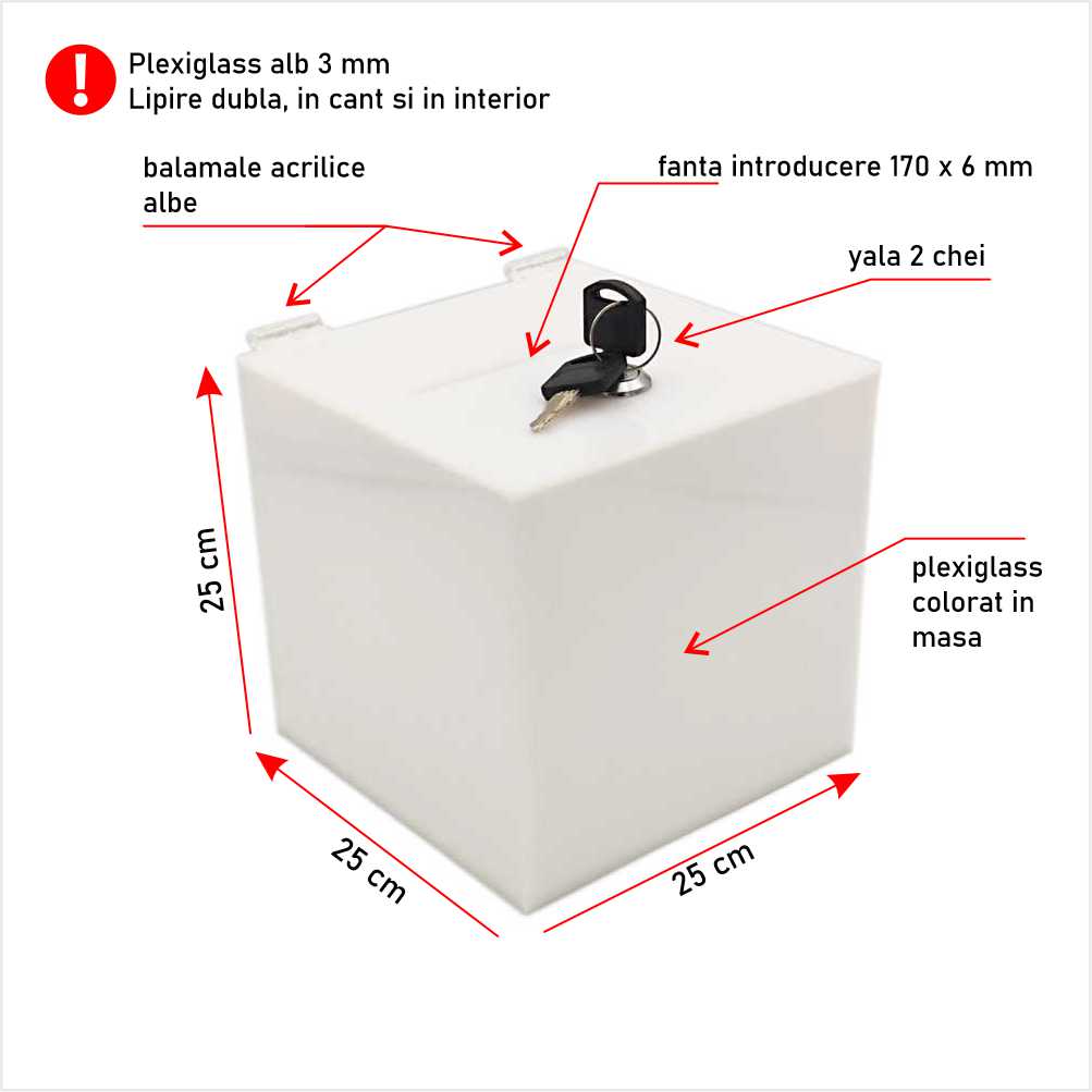 Urna cutie donatii albă 25 x 25 x 25 cm model UPCW252525