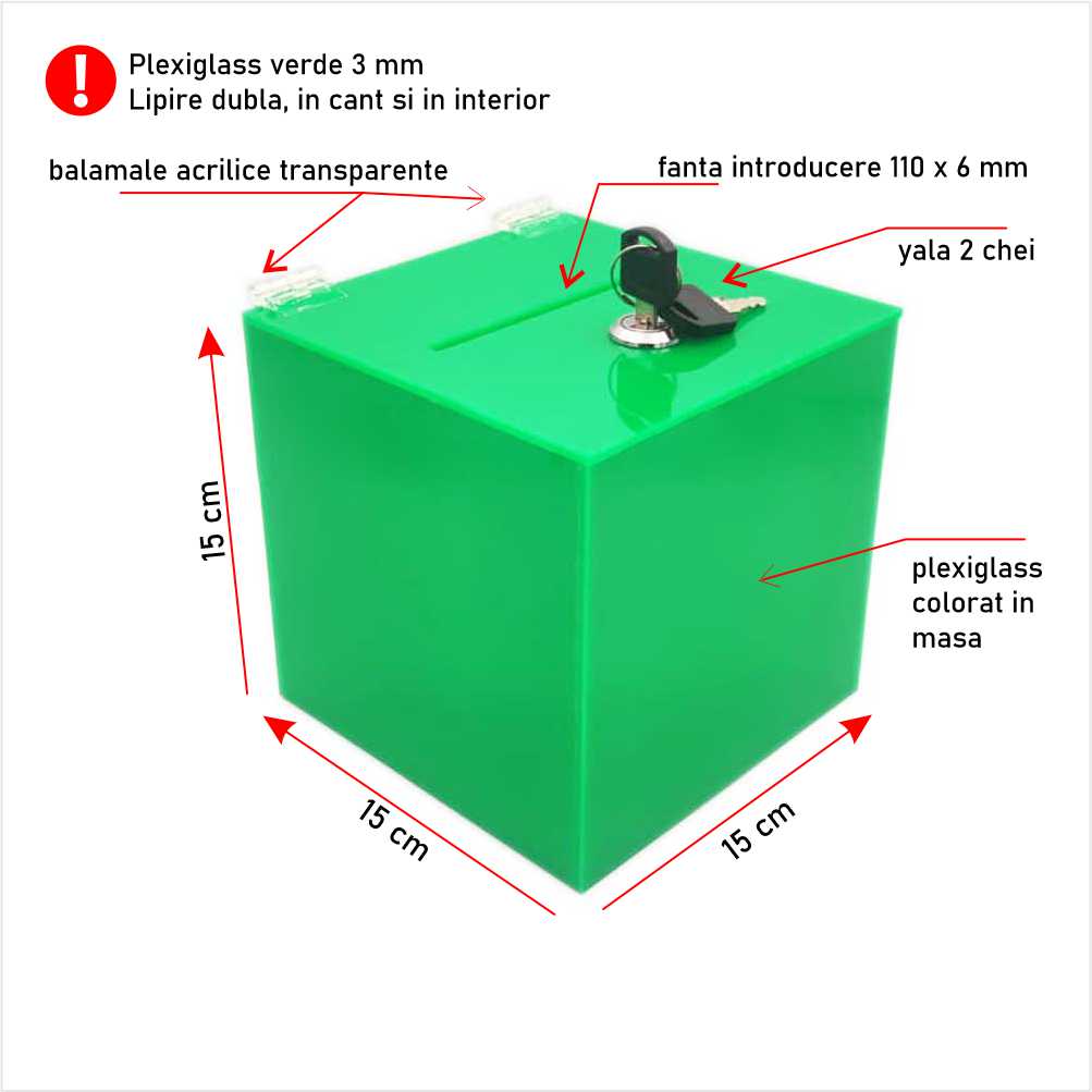 Urna cutie donații verde 15 x 15 x 15 cm model UPCG151515