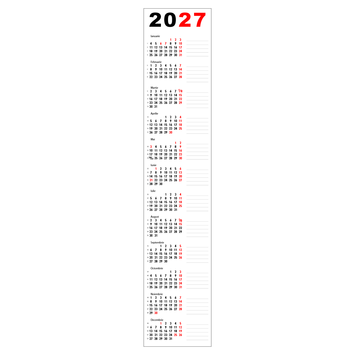 Calendar 2027 vertical 30 x 150 cm CLV30150